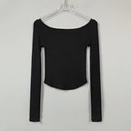 Slash Neck Long Sleeve Crop Top Slim Fit Cotton T Shirt