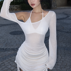 Robe courte transparente froncée à col oblique avec lacets et cordon de serrage pour l'été et les soirées