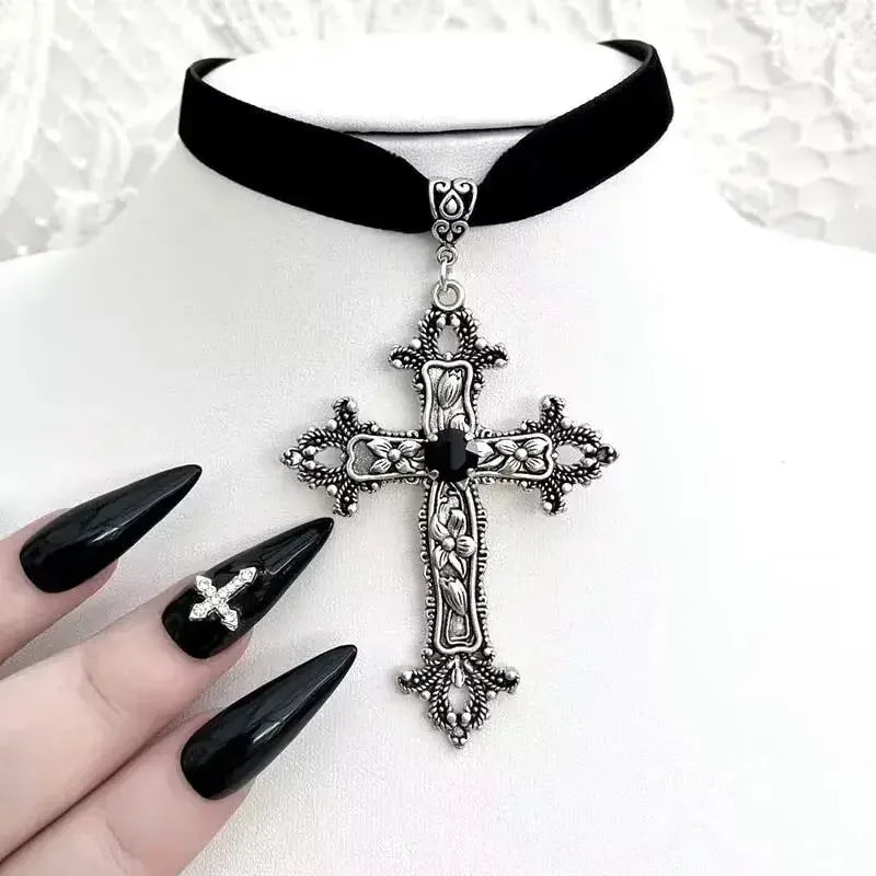 Gothic Cross Choker Necklace Black Rhinestone Victorian Style