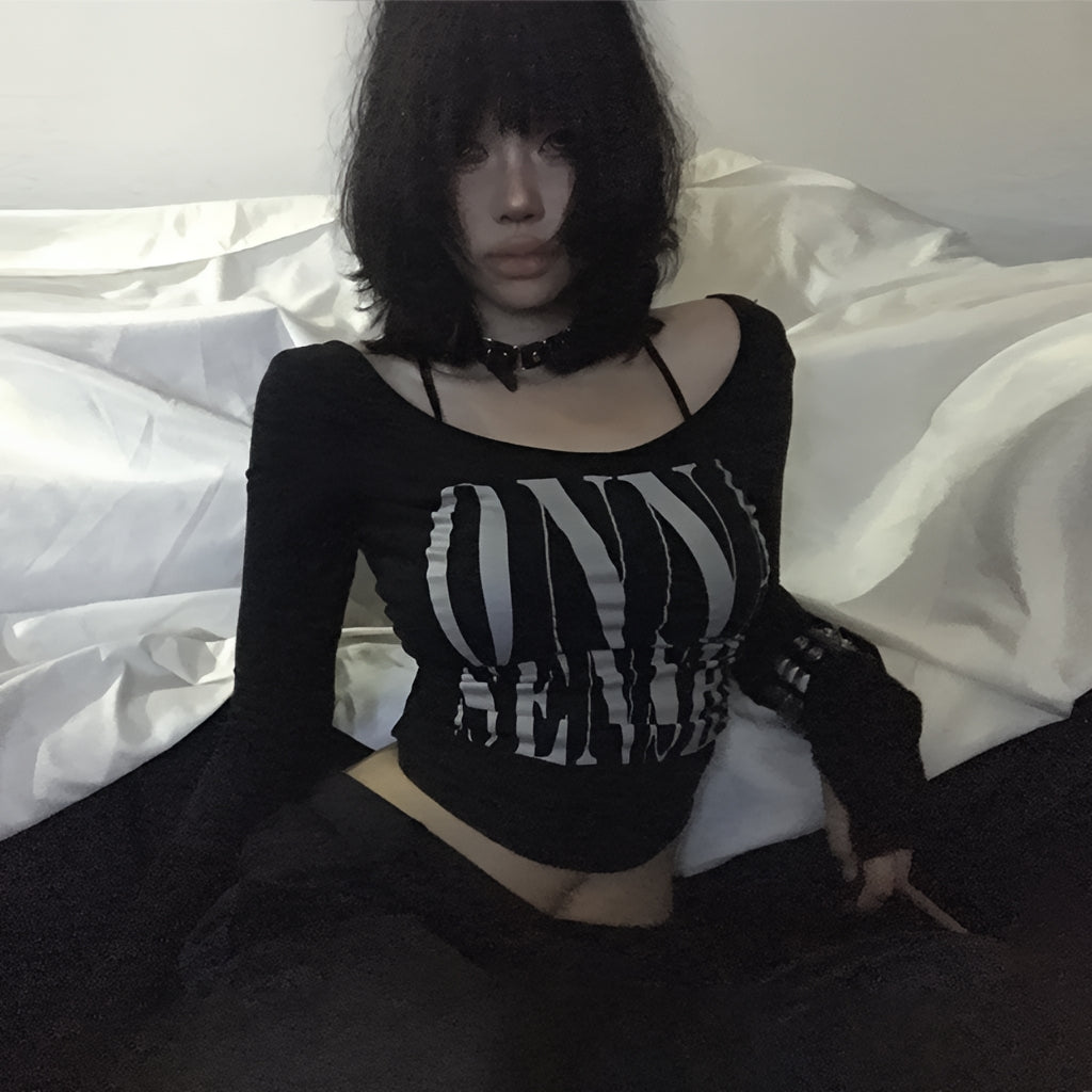 Grunge Letter Print Crop Top Y2K Long Sleeve Gothic Punk T Shirt