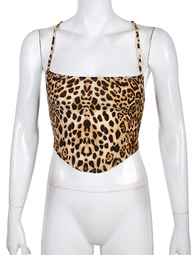 Débardeurs Imprimé Léopard Dos Nu à Lacets Bralette Crop Top