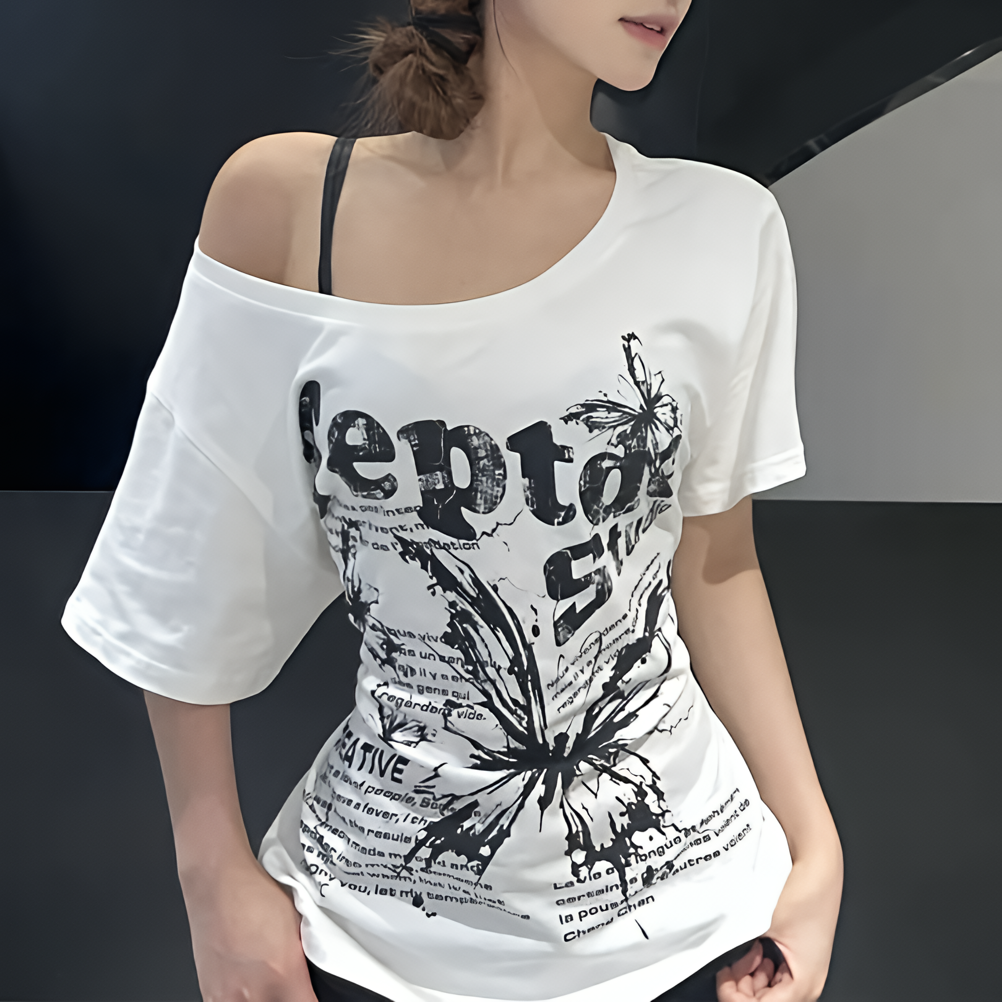 Women Y2K Vintage Oversize Off Shoulder T Shirt Butterfly Print Short Sleeve Summer Top