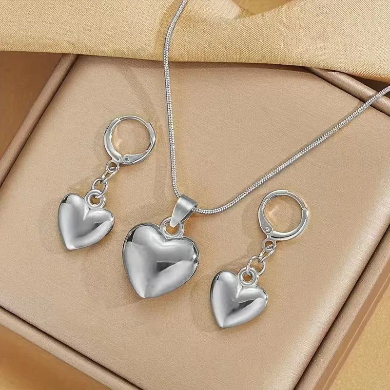 Heart Pendant Necklace and Earring Set Elegant Everyday Party Jewelry