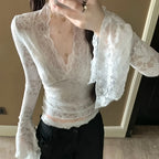 Sheer V-Neck Flare Sleeve Lace Top Slim Fit Party Clubwear Tee