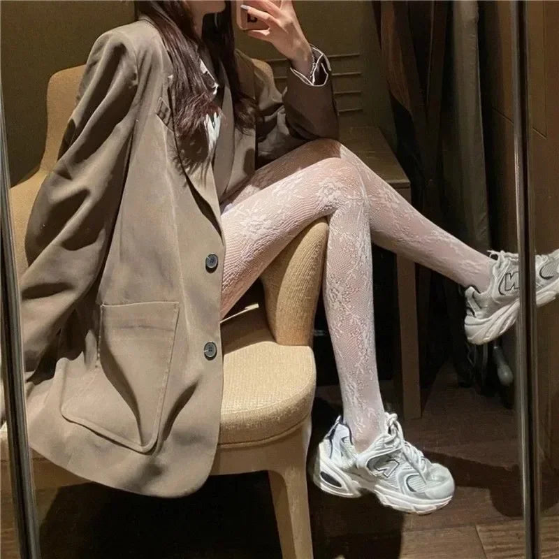 Women Sexy Black White Lolita Hollowed Lace Mesh Stockings Bottomed Pantyhose Japanese Goth Floral Rattan Hot Classic Tights