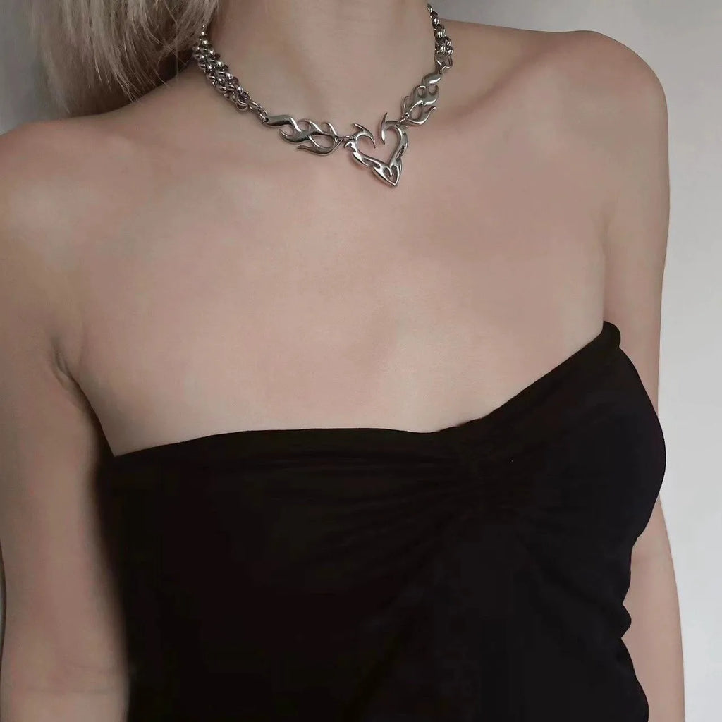 Y2K Flame Heart Pendant Necklace Punk Silver Tone