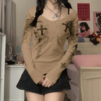Grunge Cross Wings Graphic Long Sleeve T-Shirt Harajuku Punk Streetwear