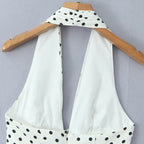Robe Mini-Rétro Femme Française à Pois Dos Nu Col Halter Col V Profond Coupe Ajustée Évasée Élégante d'Été