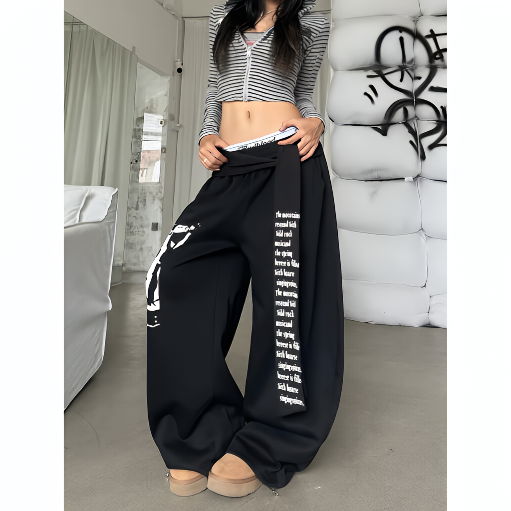 Women Gothic Y2K Letter Print Baggy Sweatpants Gray Wide Leg Harajuku Vintage Trousers