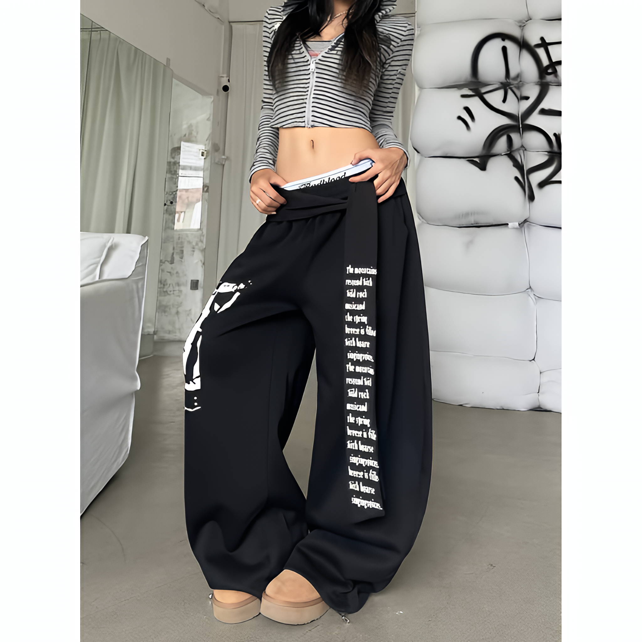 Women Gothic Y2K Letter Print Baggy Sweatpants Gray Wide Leg Harajuku Vintage Trousers
