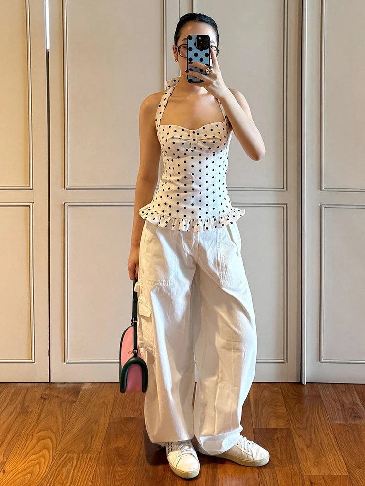 Nibber Polka Dot Print Tops Women Halter Low-Neck Bandage Ruffles Backless Sleeveless Skinny Fashion Street Versatile Vest