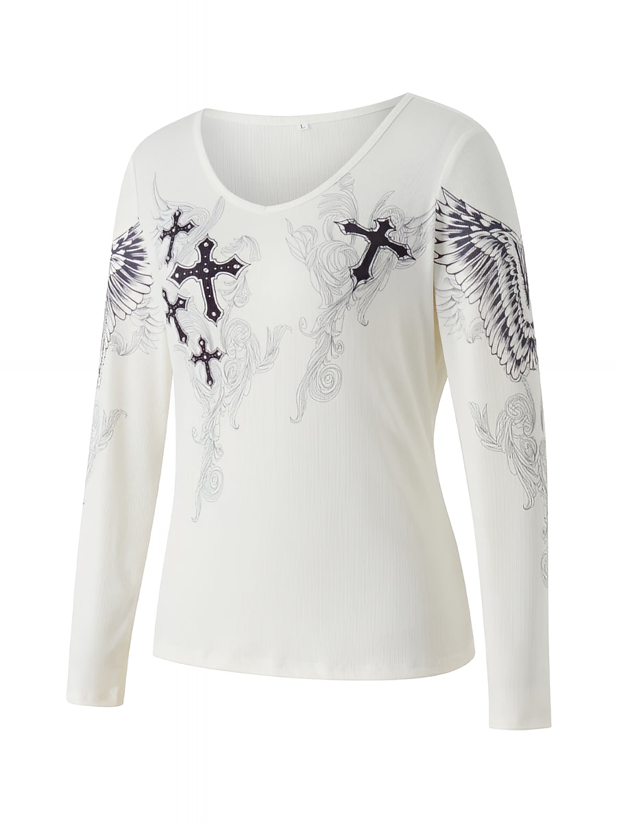 Grunge Cross Wings Graphic Long Sleeve T-Shirt Harajuku Punk Streetwear