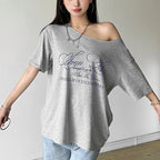 Women Casual Letter Print T Shirt Relaxed Fit Street Style Summer Top