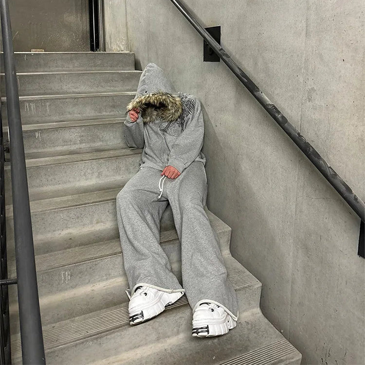 Y2K Harajuku Faux Fur Collar Zip-Up Hoodie