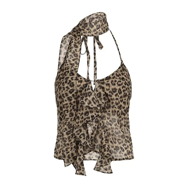 Leopard Halter Tank Top Women Lace Up Slim Fit Ruffled Summer Camisole