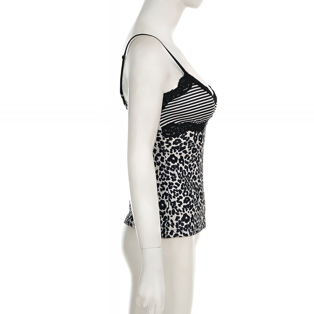 Leopard Print Lace Patchwork Camisole V-Neck Spaghetti Strap Top