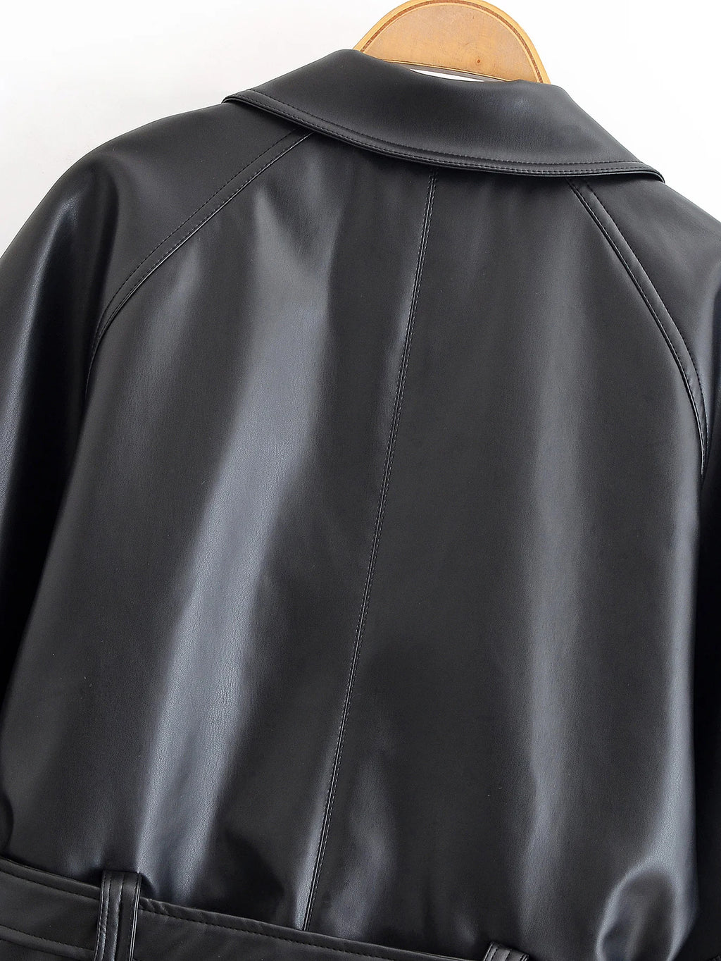 Black Faux Leather Trench Coat Belted Long Sleeve Lapel Vintage Motorcycle Jacket Outerwear