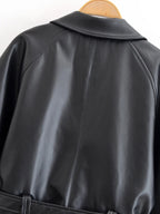 Black Faux Leather Trench Coat Belted Long Sleeve Lapel Vintage Motorcycle Jacket Outerwear