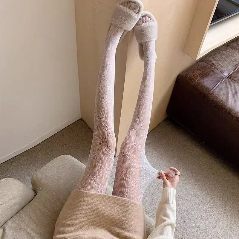 Women Sexy Black White Lolita Hollowed Lace Mesh Stockings Bottomed Pantyhose Japanese Goth Floral Rattan Hot Classic Tights