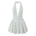 Robe Mini-Rétro Femme Française à Pois Dos Nu Col Halter Col V Profond Coupe Ajustée Évasée Élégante d'Été