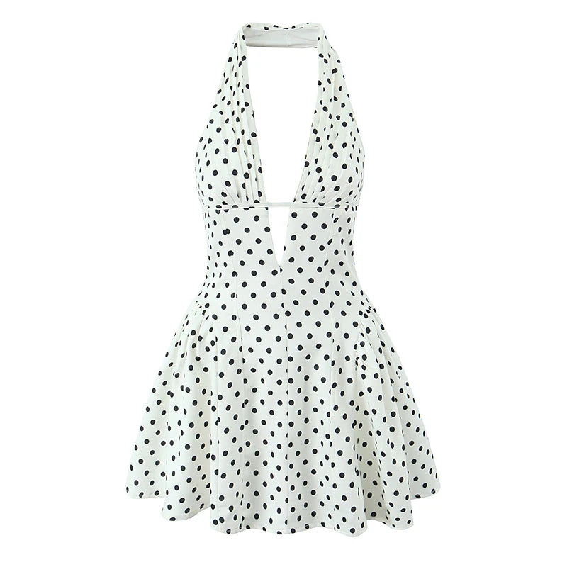 Women French Retro Polka Dot Halter Dress Deep V Backless A Line Slim Fit Elegant Mini Dress Summer