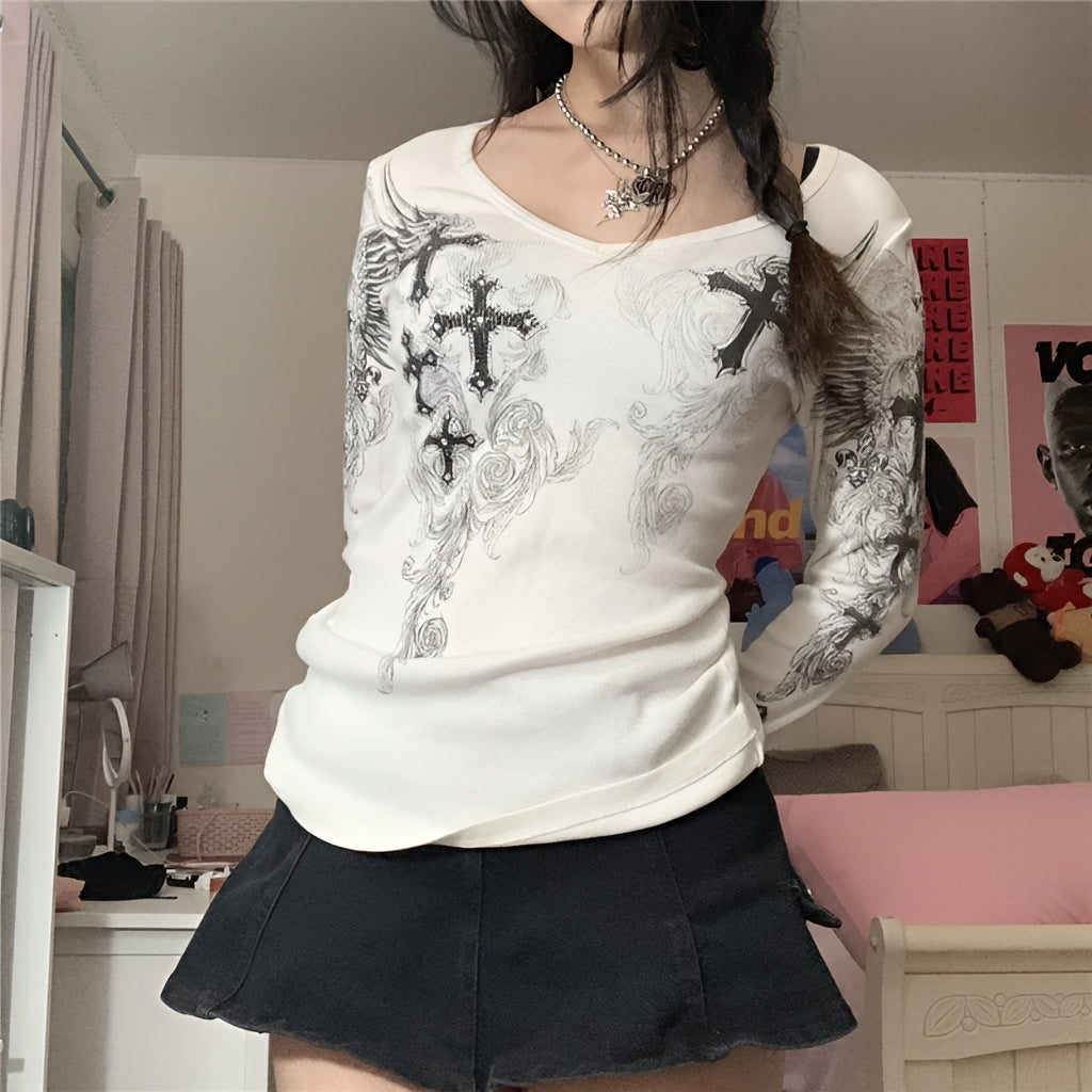 Grunge Cross Wings Graphic Long Sleeve T-Shirt Harajuku Punk Streetwear