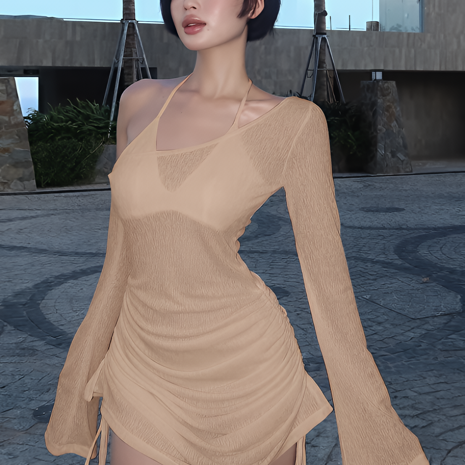 Robe courte transparente froncée à col oblique avec lacets et cordon de serrage pour l'été et les soirées