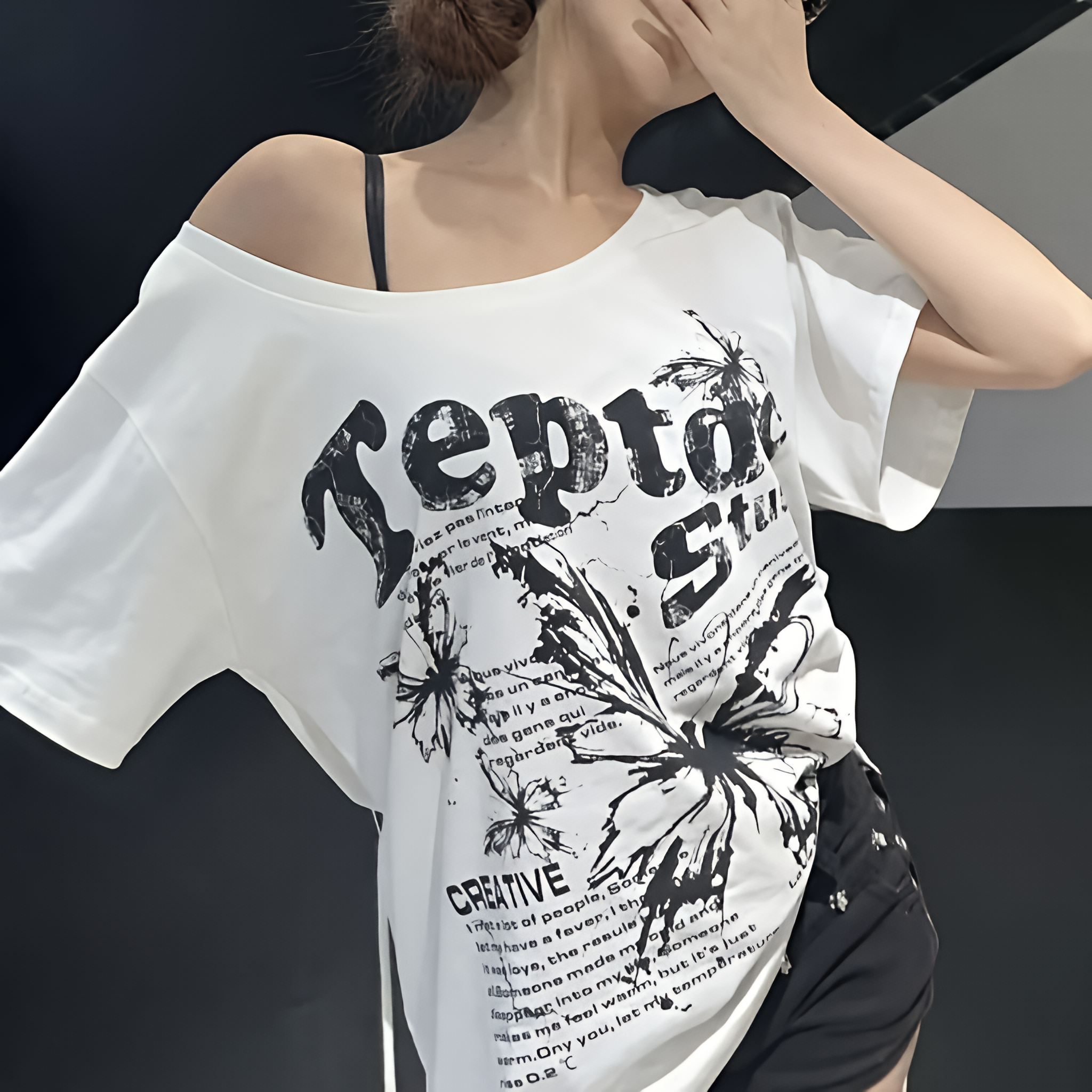 Women Y2K Vintage Oversize Off Shoulder T Shirt Butterfly Print Short Sleeve Summer Top
