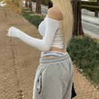 Slash Neck Long Sleeve Crop Top Slim Fit Cotton T Shirt