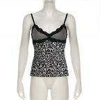 Leopard Print Lace Patchwork Camisole V-Neck Spaghetti Strap Top
