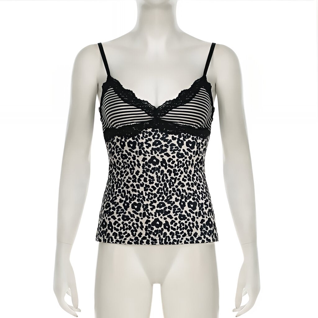 Leopard Print Lace Patchwork Camisole V-Neck Spaghetti Strap Top