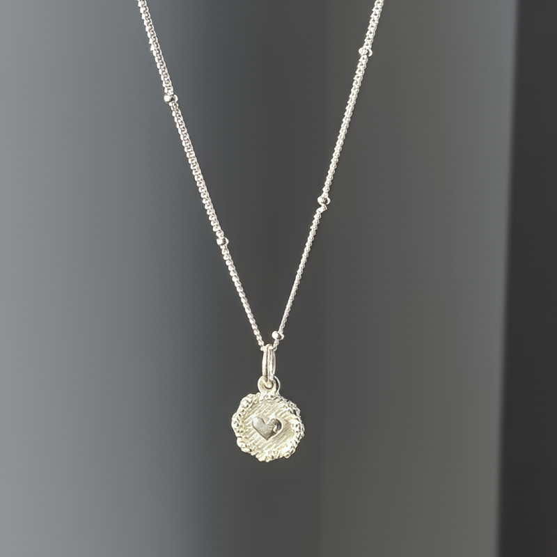 925 Sterling Silver Heart Bead Necklace Double Sided Love Pendant