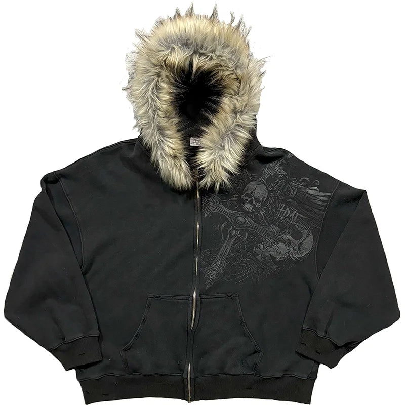 Y2K Harajuku Faux Fur Collar Zip-Up Hoodie