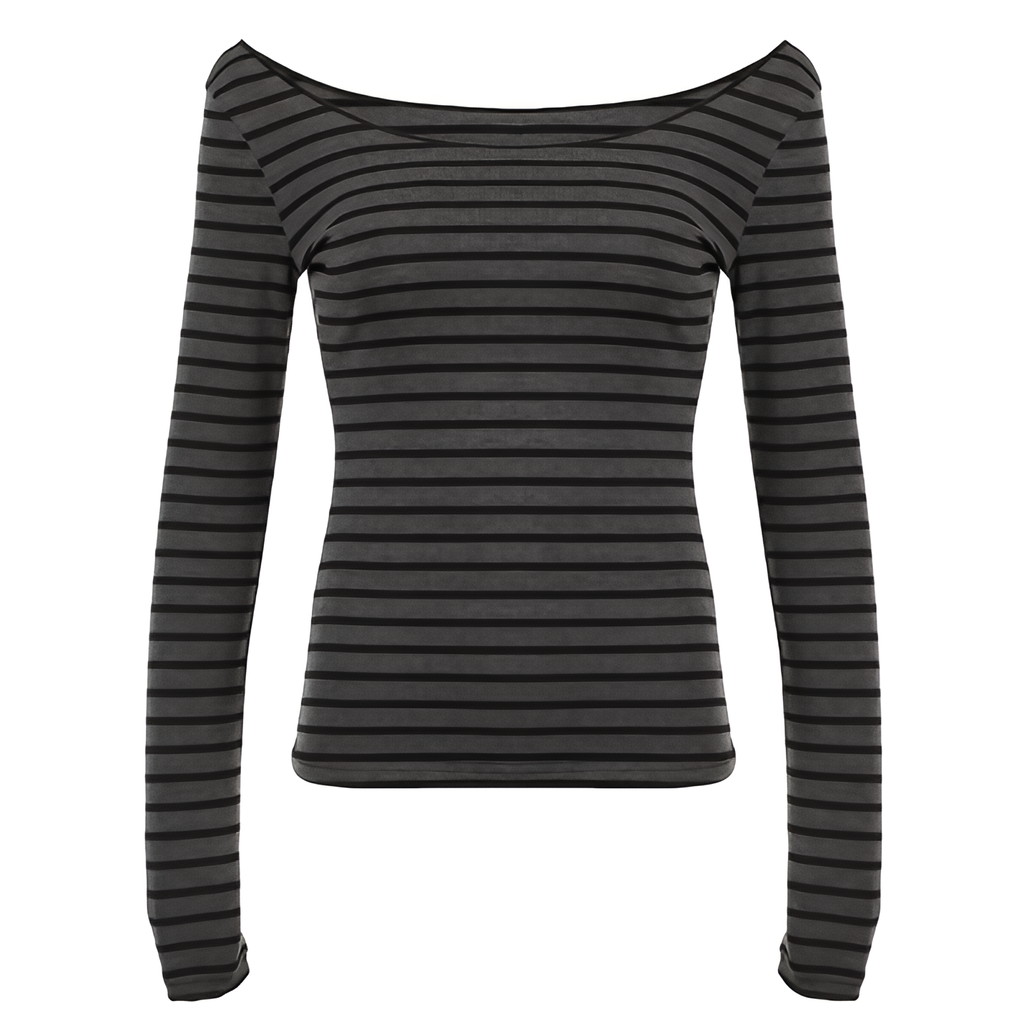 T-shirt Rayé Manches Longues Coupe Ajustée Style Urbain Coréen Haut Printemps Automne