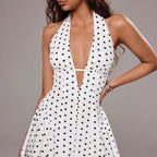 Robe Mini-Rétro Femme Française à Pois Dos Nu Col Halter Col V Profond Coupe Ajustée Évasée Élégante d'Été