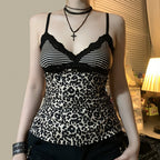 Leopard Print Lace Patchwork Camisole V-Neck Spaghetti Strap Top