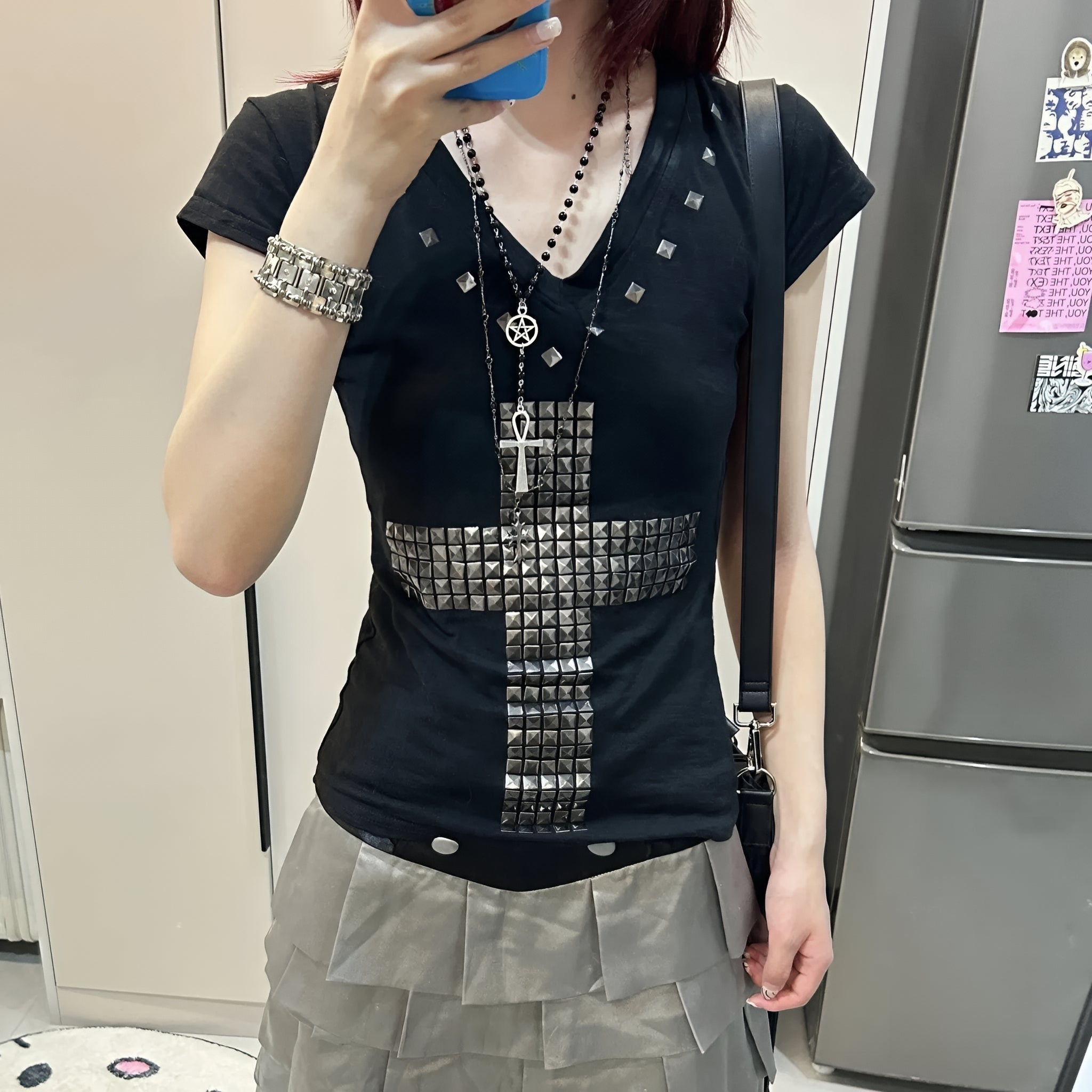 Metal Cross Graphic T-Shirt Vintage Harajuku V-Neck Grunge Top