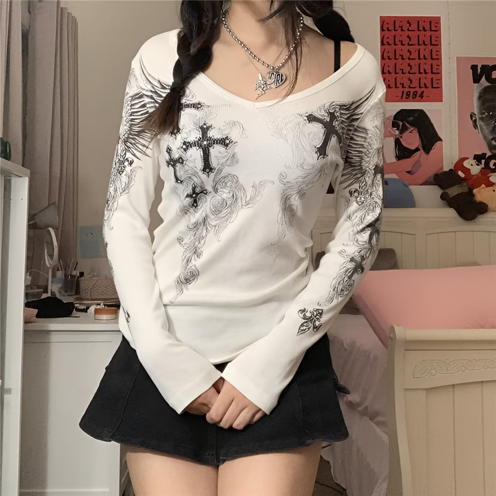 Grunge Cross Wings Graphic Long Sleeve T-Shirt Harajuku Punk Streetwear