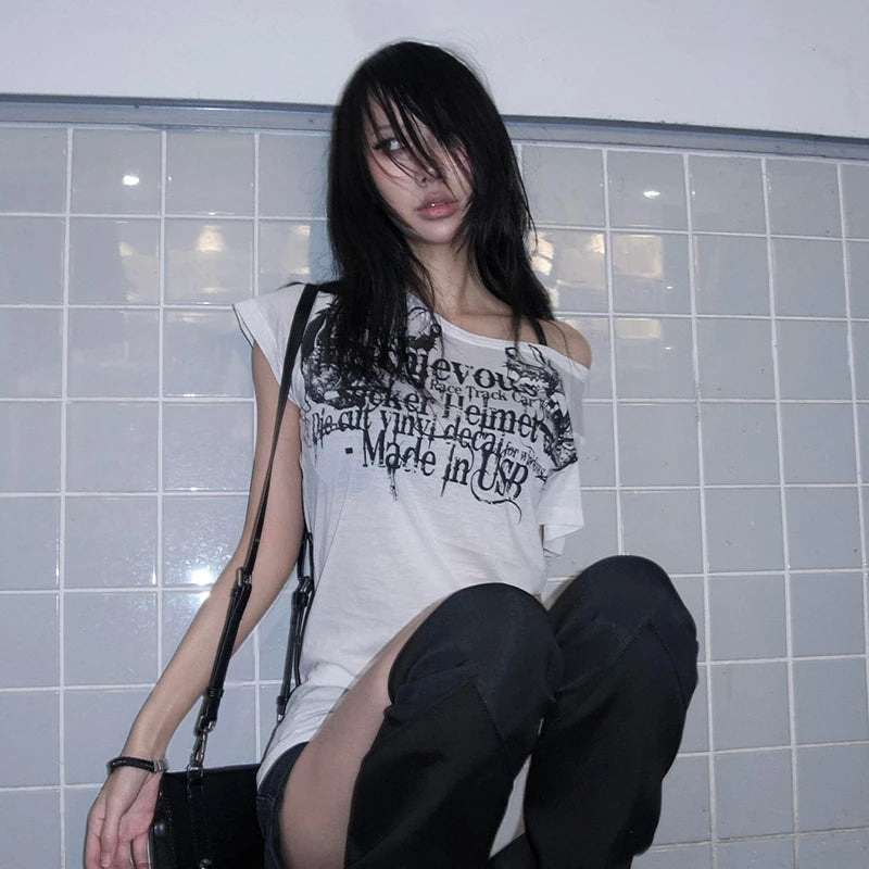 Japanese Y2K Letter Print T Shirt Vintage Harajuku Grunge Goth Style