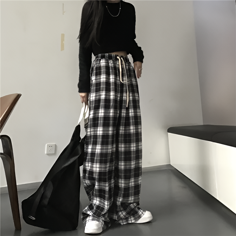 Unisex Checkered Wide Leg Pants Loose Fit Elastic Waist Streetwear Casual Sports Pants