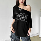 Women Casual Letter Print T Shirt Relaxed Fit Street Style Summer Top