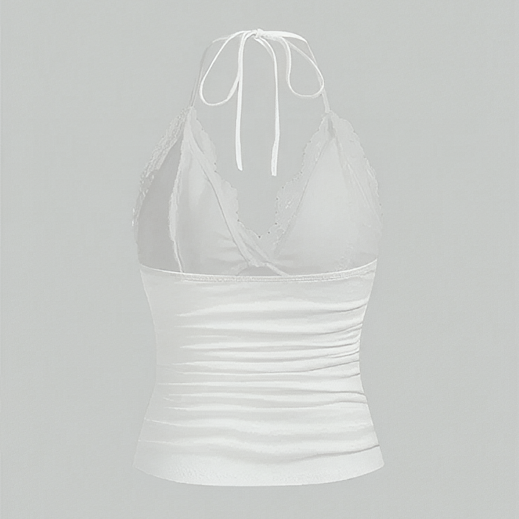 Débardeur Femme Gothique en Dentelle Patchwork Col Halter Froncé Dos Nu sans Manches