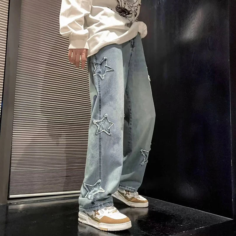 Gothic Star Embroidery Wide-Leg Men’s Streetwear Denim