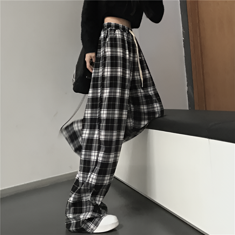 Pantalon unisexe à carreaux coupe ample streetwear décontracté