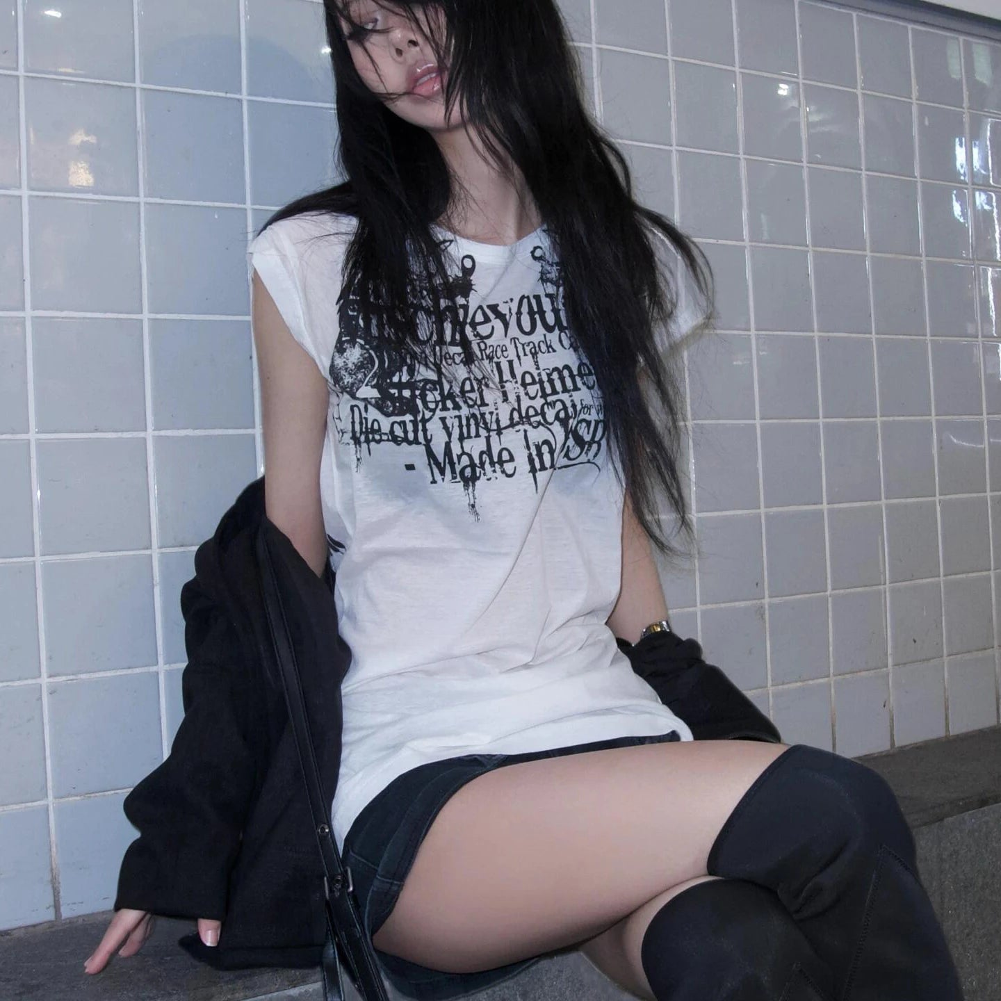 T-shirt imprimé lettres Y2K japonais Style Harajuku Grunge Goth vintage