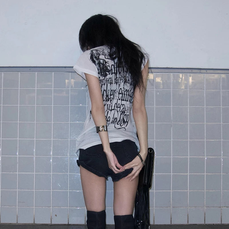 T-shirt imprimé lettres Y2K japonais Style Harajuku Grunge Goth vintage