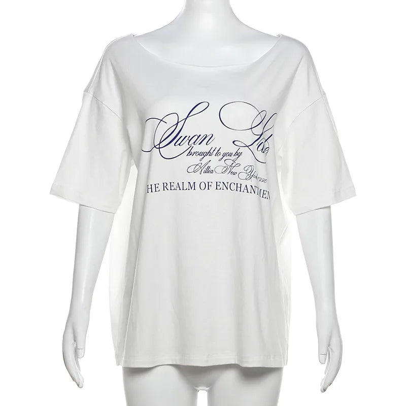 Women Casual Letter Print T Shirt Relaxed Fit Street Style Summer Top