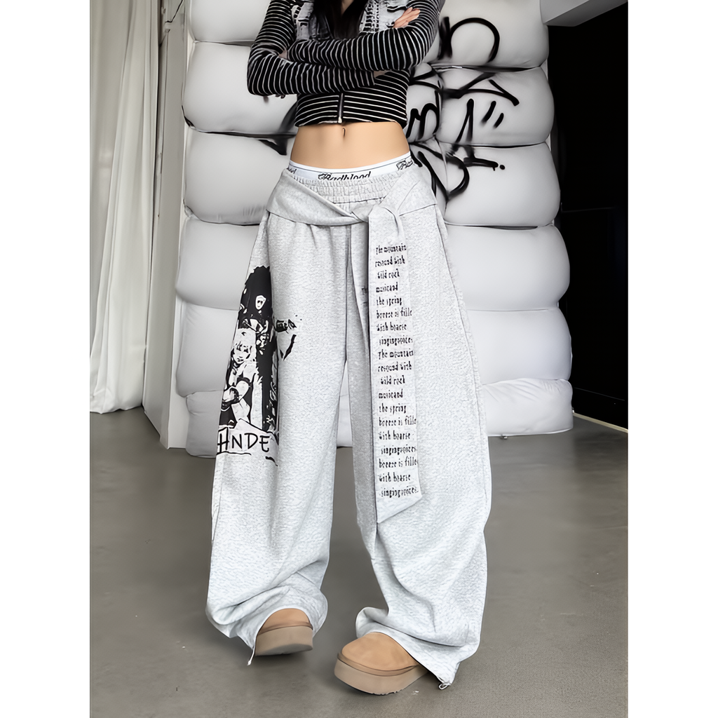 Women Gothic Y2K Letter Print Baggy Sweatpants Gray Wide Leg Harajuku Vintage Trousers