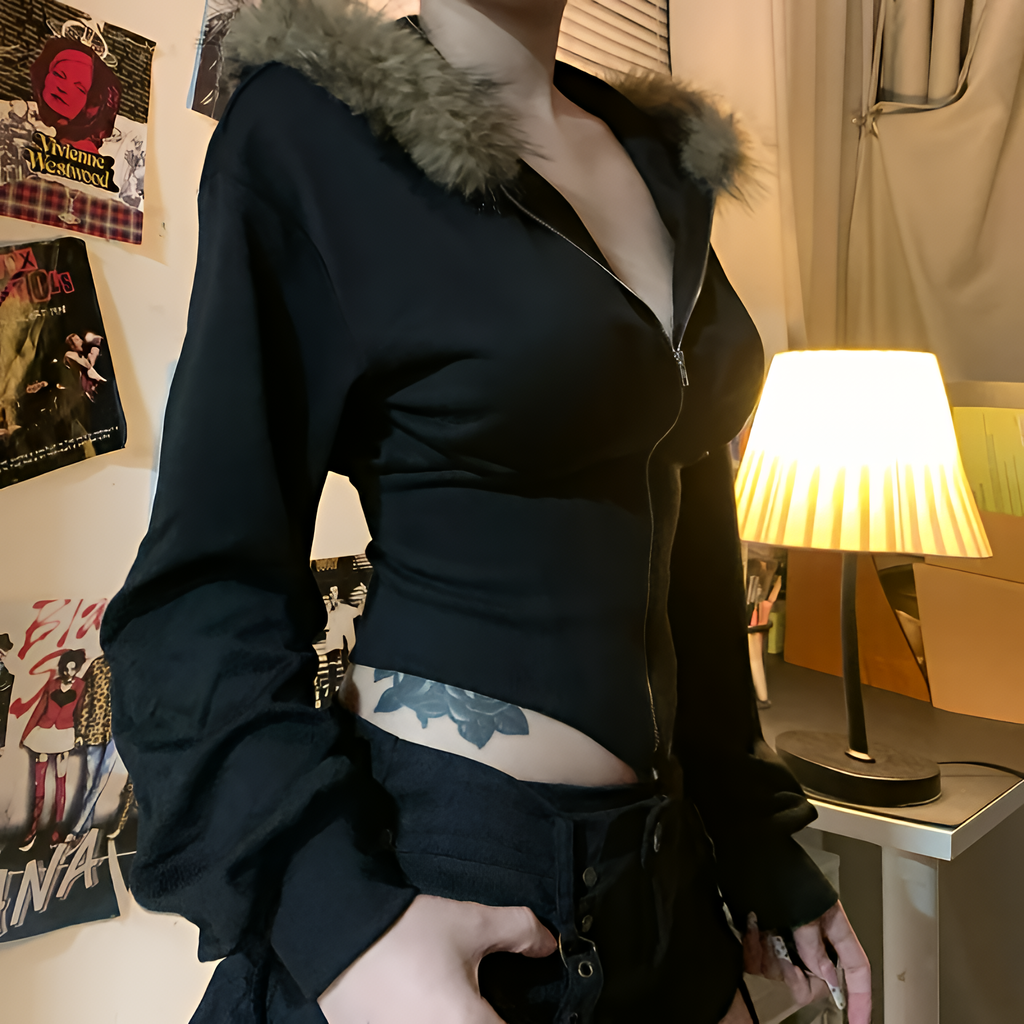 Women Gothic Faux Fur Hooded Coat Slim Fit Zip Jacket Autumn Winter Streetwear