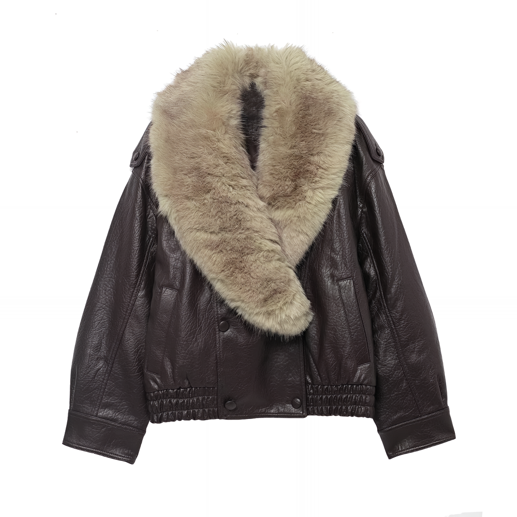 Oversized Faux Leather Jacket Removable Fur Collar Double Breasted Winter Coat